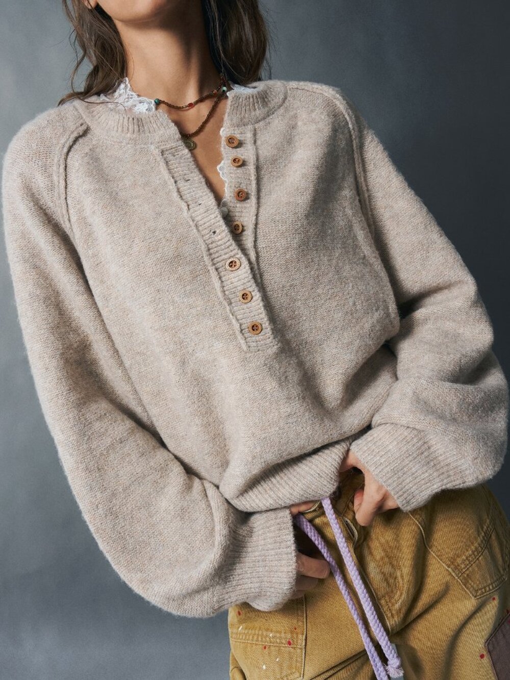 Khaki Casual Women's Half Button Drop Shoulder Sweater